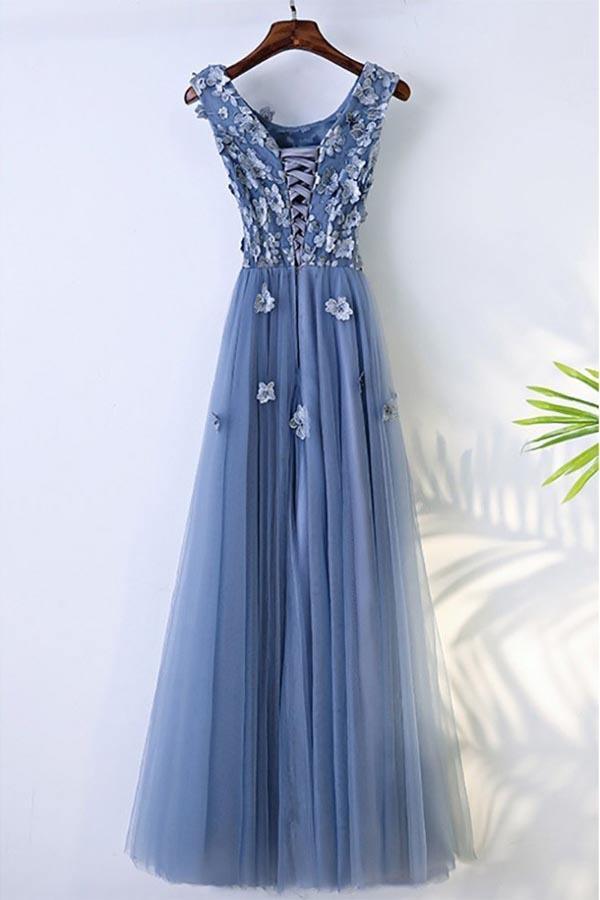 A-line Blue Flowy Prom Dress Long With ...